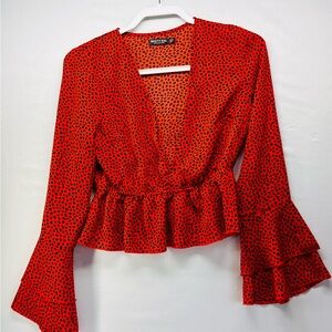 Nasty Gal Red Black Dot Peplum Wrap Blouse